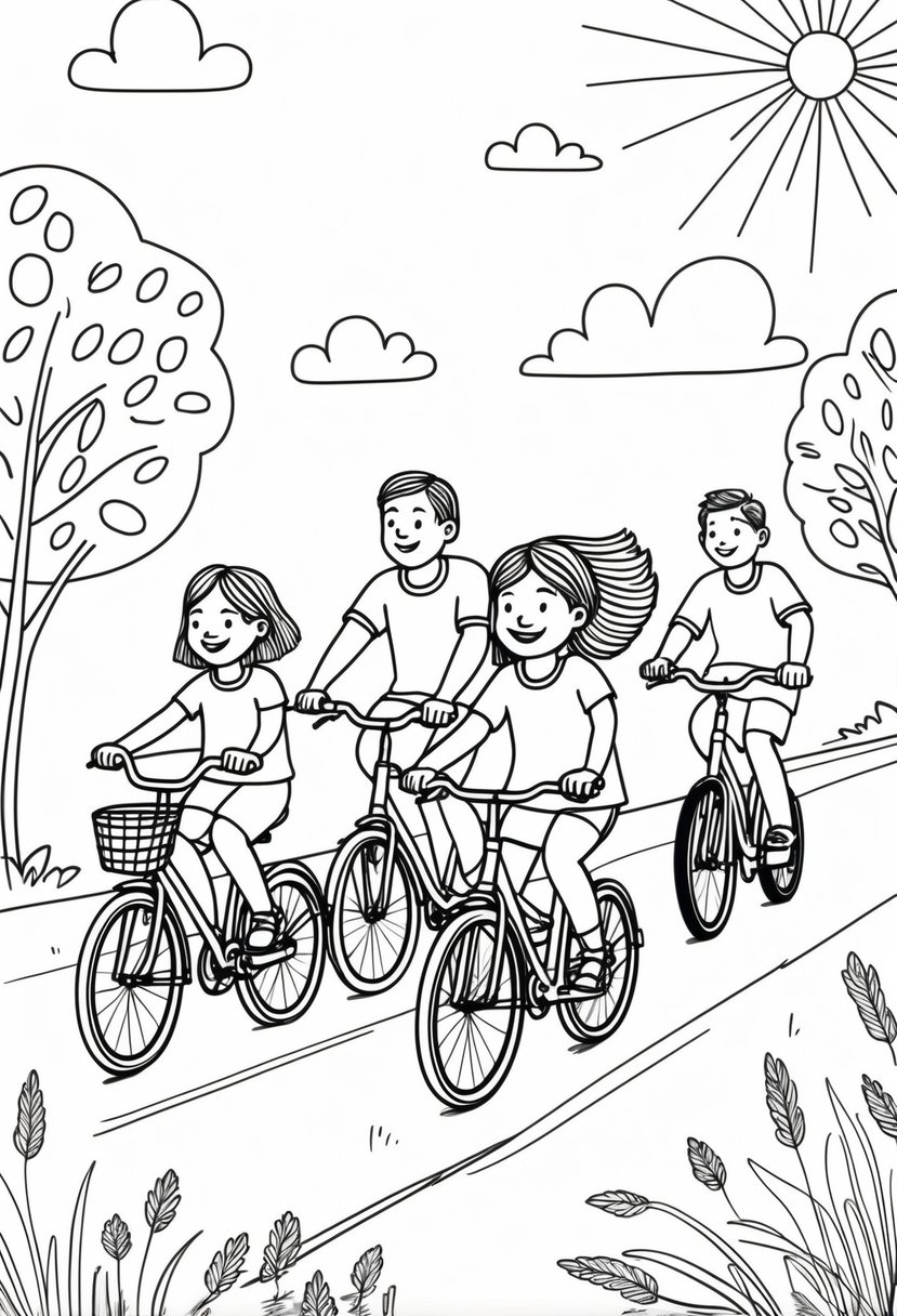 Family Coloring Pages 16 Fun and Creative Designs for All Ages 29 A family of four riding bicycles together on a park path surrounded by trees, clouds, and the sun.